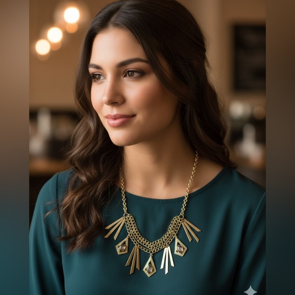 Layered Gold Chain Necklace with Pendants & Bar Dangles - Picture 2 of 4